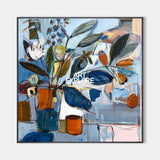 Large Abstract Floral Painting Modern Teal & Orange Botanical Art