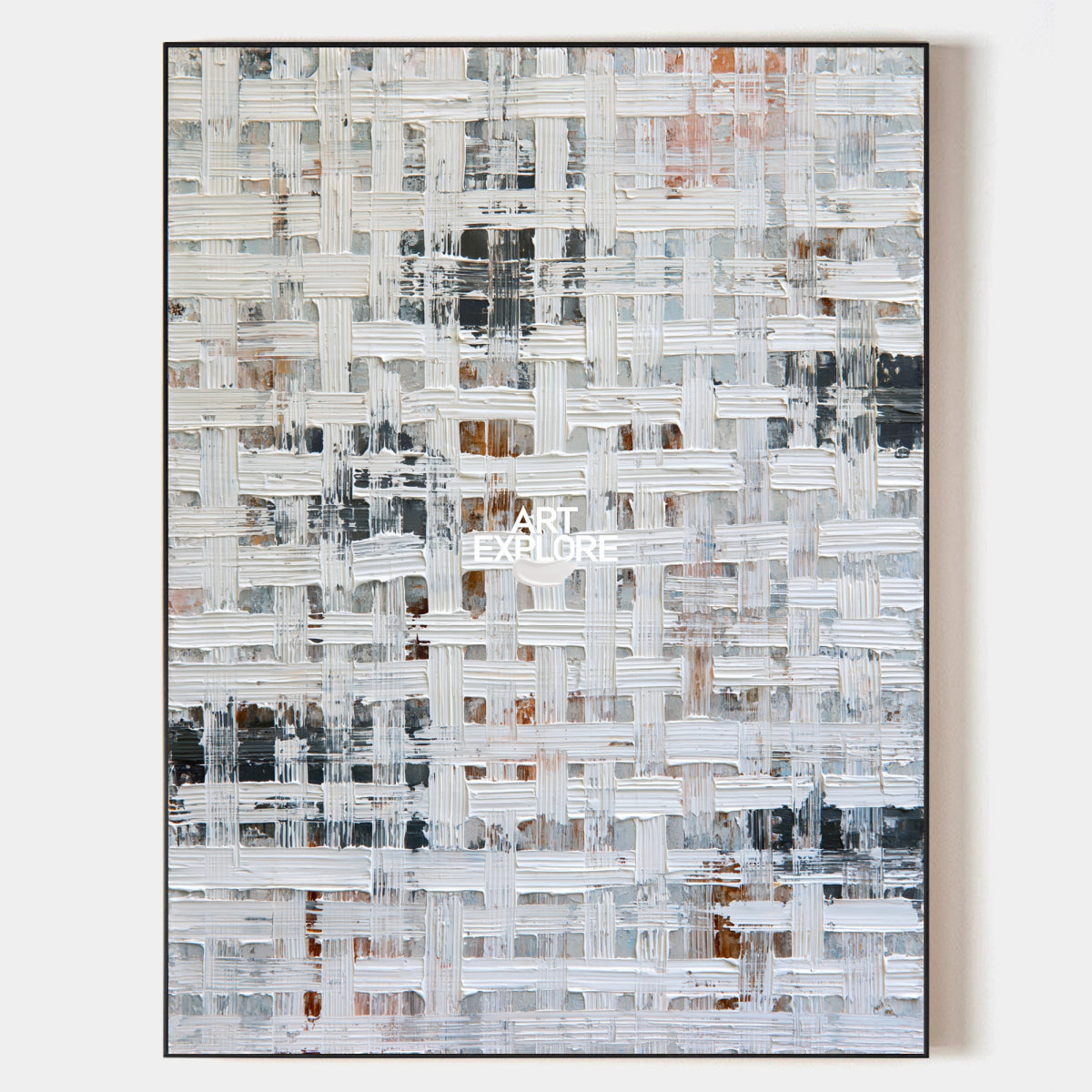 Abstract Geometric White Canvas Painting With 3D Texture For Modern Walls