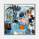 Large Abstract Mixed Media Painting Blue & Orange Botanical Art