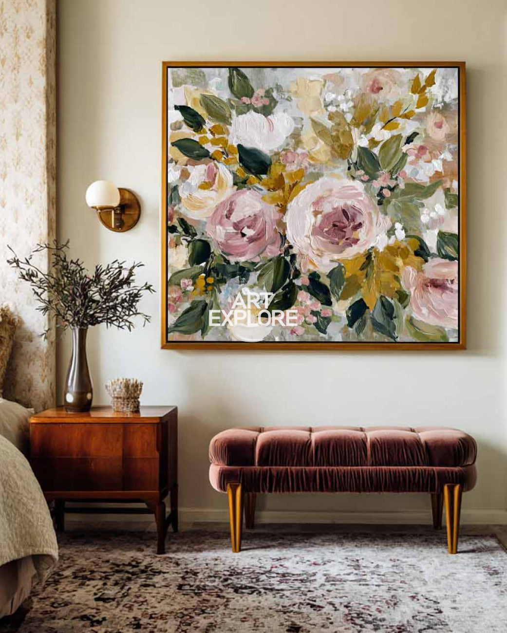 Large Abstract Neutral Flower Wall Art Handmade Colorful Oil on Canvas - ArtExplore