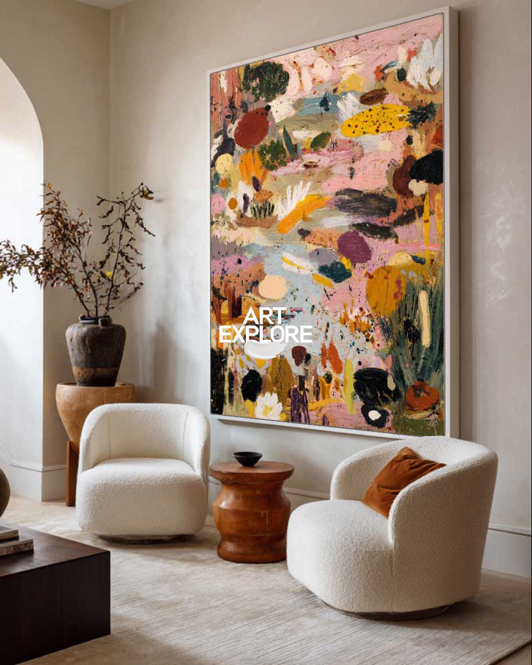 Large Abstract Pink Garden Oil Painting, Vertical Modern Landscape Artworks ArtExplore
