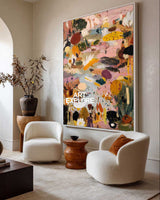 Large Abstract Pink Garden Oil Painting, Vertical Modern Landscape Artworks ArtExplore