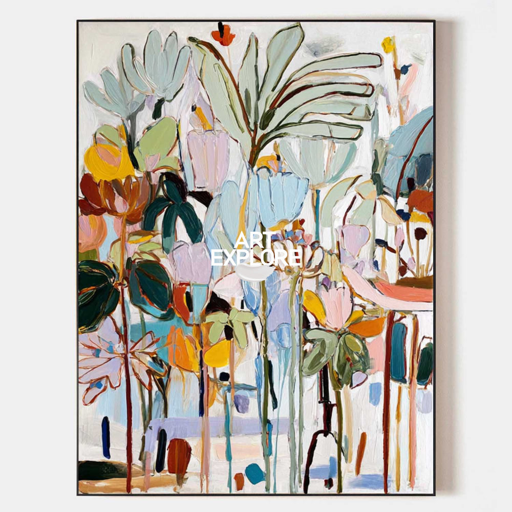 Large Abstract Tropical Painting Colorful Floral Pop Canvas Art