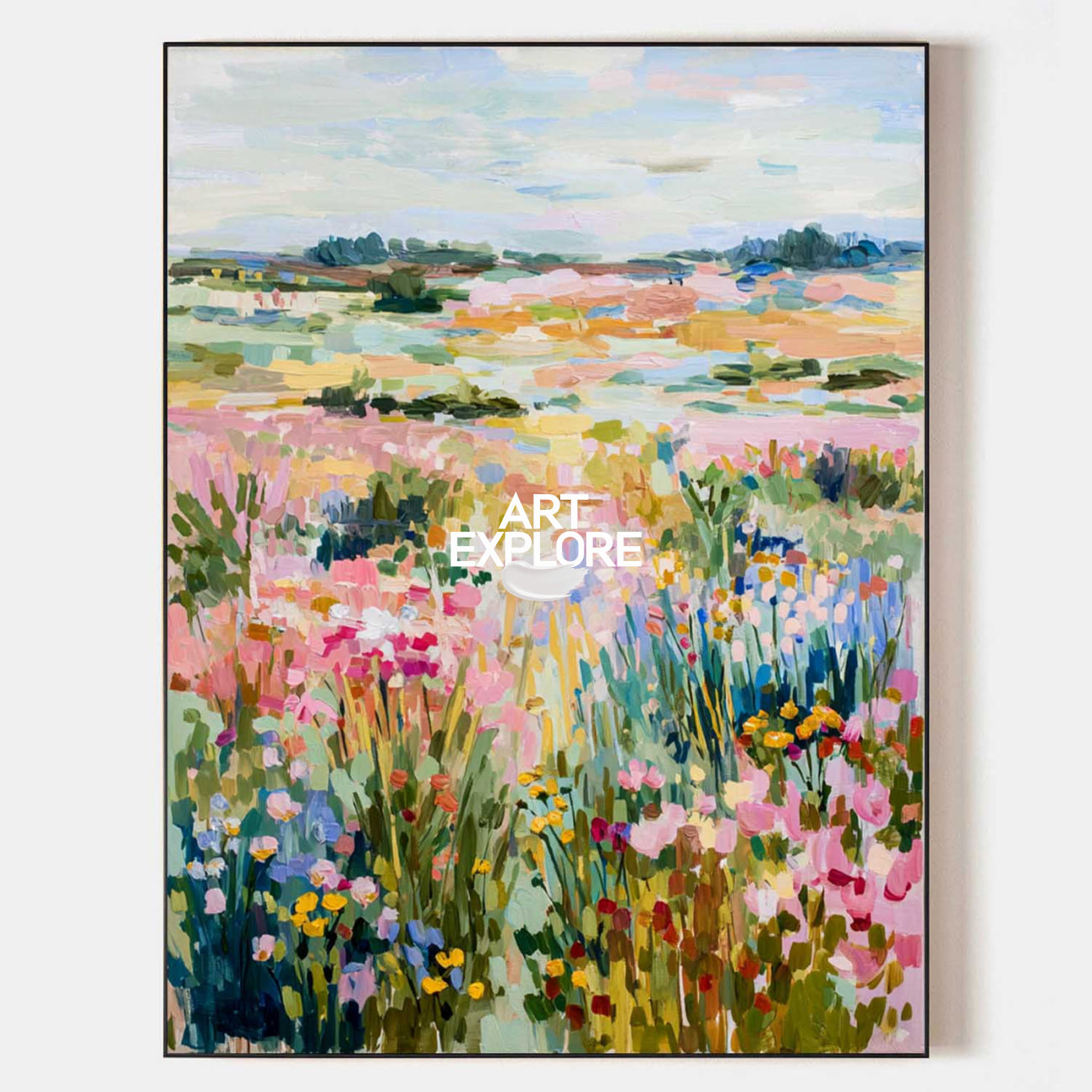 Large Abstract Wildflower Meadow Painting - Colorful Impressionist Vertical Wall Art | ArtExplore