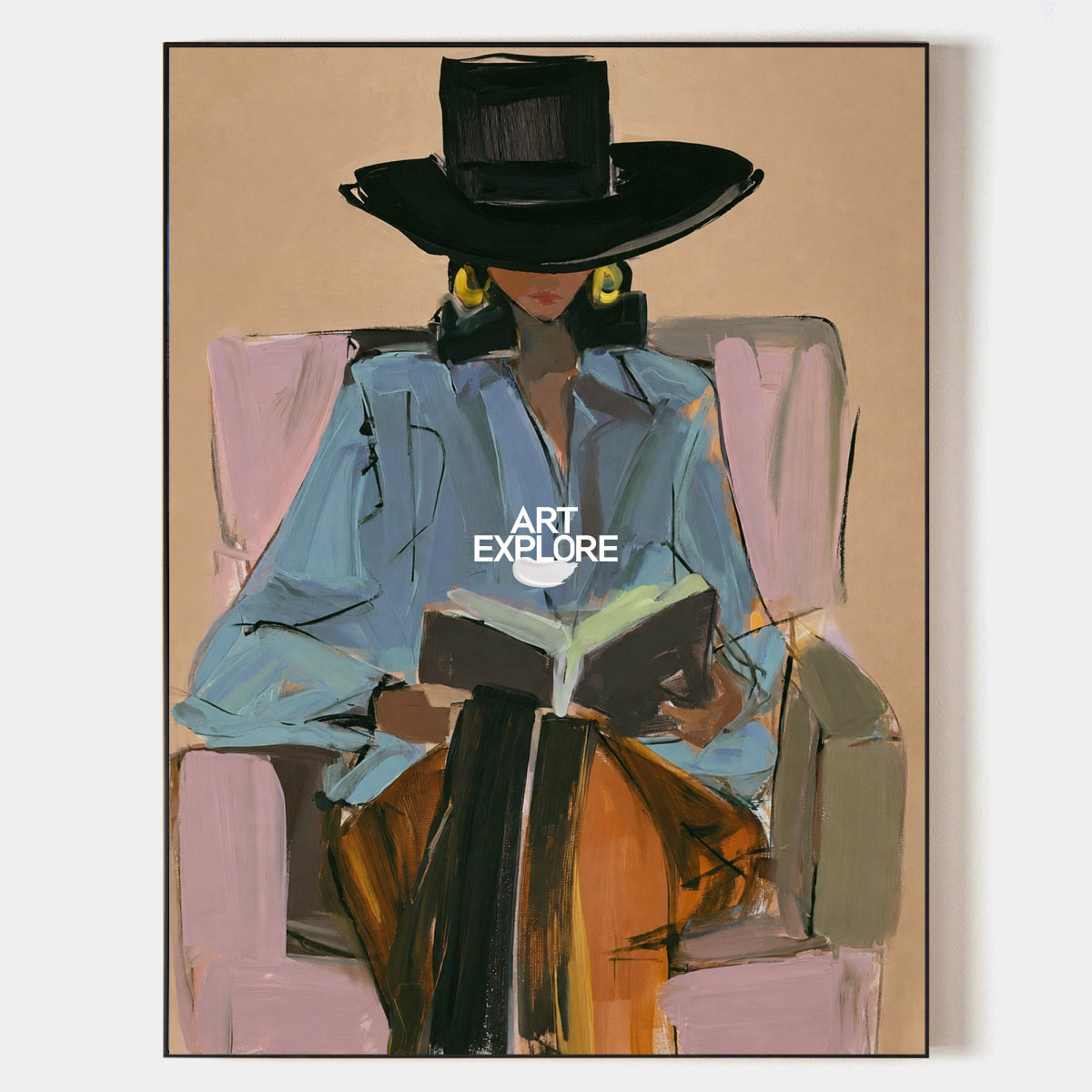 Abstract Woman Reading Canvas Painting In Brown Tones Hand-Painted Wall Art