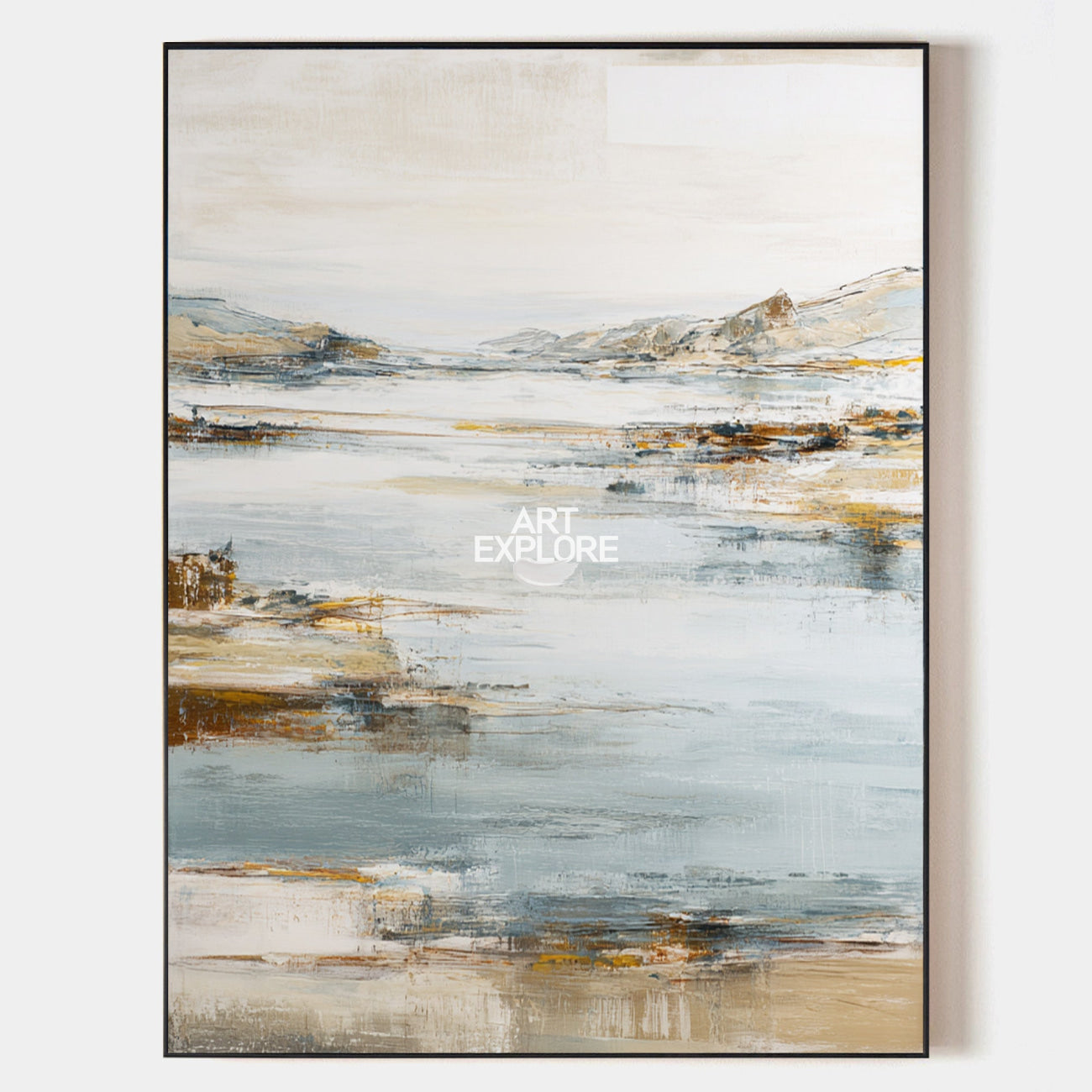 Large Beige Blue Lake Landscape Vertical Textured Oil Painting | Landscape Art | ArtExplore