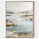 Large Beige Blue Lake Landscape Vertical Textured Oil Painting | Landscape Art | ArtExplore