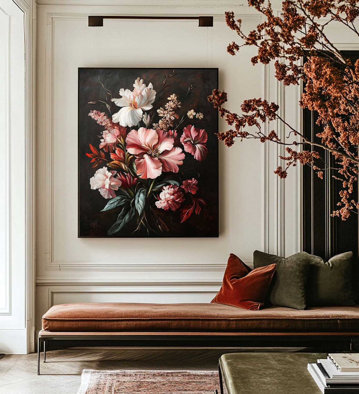 Large Black Retro floral art Modern Baroque Floral Painting Flower Impressionistic Wall Art For Sale