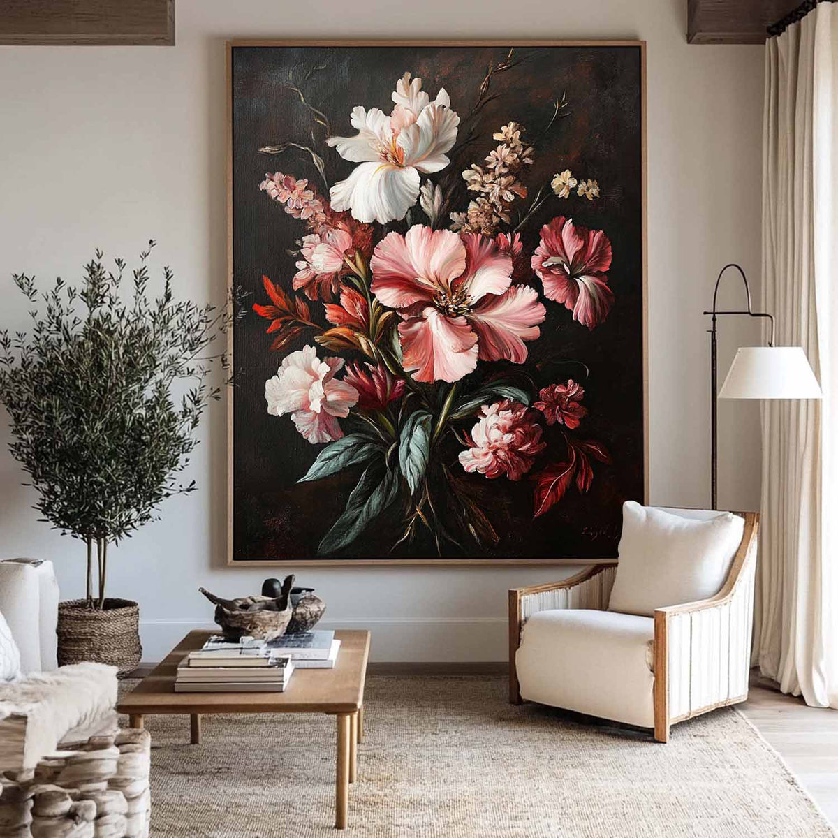 Large Black Retro floral art Modern Baroque Floral Painting Flower Impressionistic Wall Art For Sale