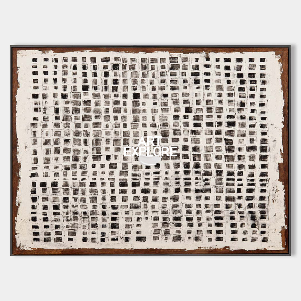 Large Black and White Grid Abstract Painting Textured Geometric Art