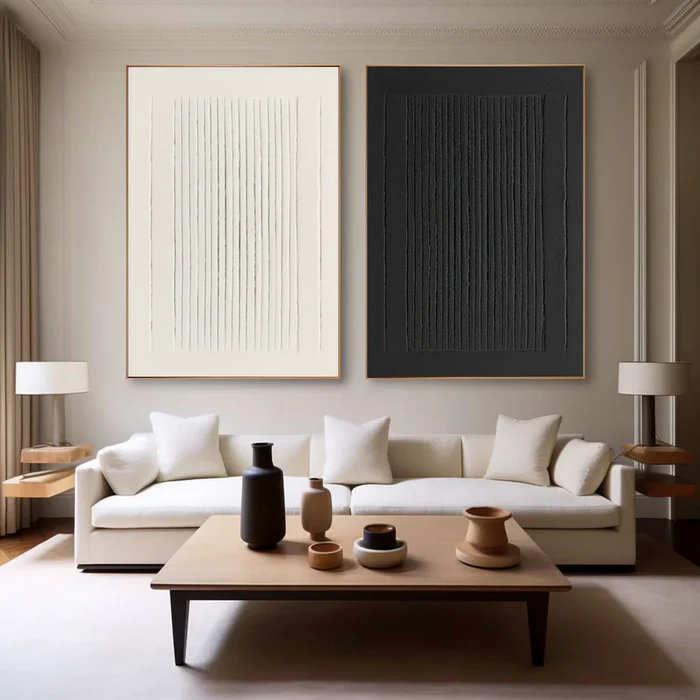 Large Black and White Wall Art Set – Minimalist Plaster Texture – ArtExplor
