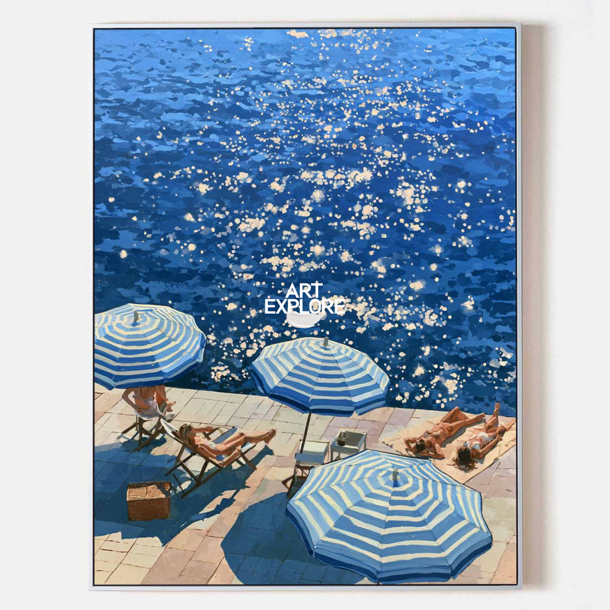 Blue And White Beach Painting For Modern Coastal Living Room Summer Decor
