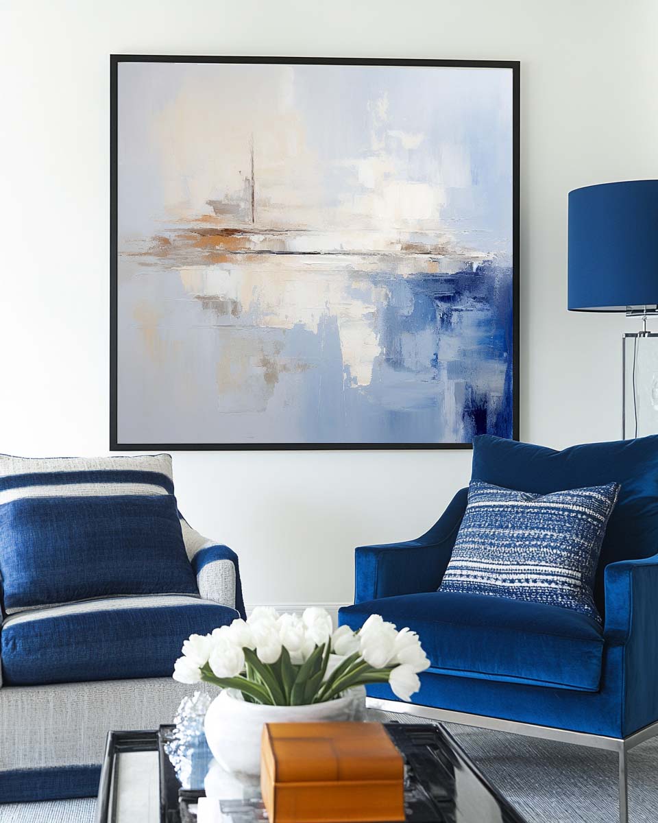 Large Blue And White Minimalist Wall Art Palette Knife Painting Modern Abstract Art Painting