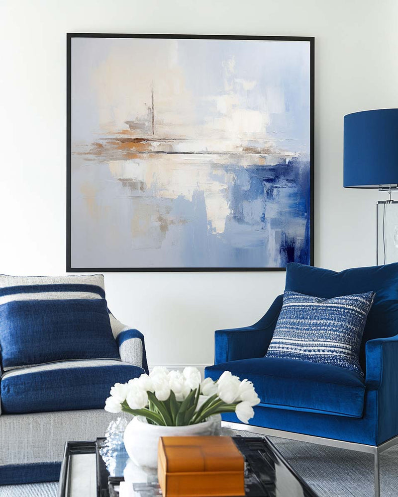 Large Blue And White Minimalist Wall Art Palette Knife Painting Modern Abstract Art Painting