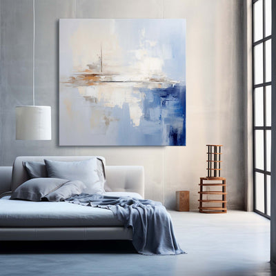 Large Blue And White Minimalist Wall Art Palette Knife Painting Textured artwork for living room