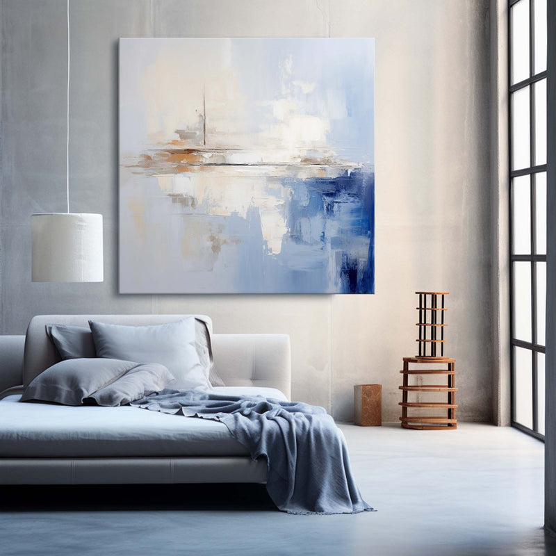 Large Blue And White Minimalist Wall Art Palette Knife Painting Textured artwork for living room