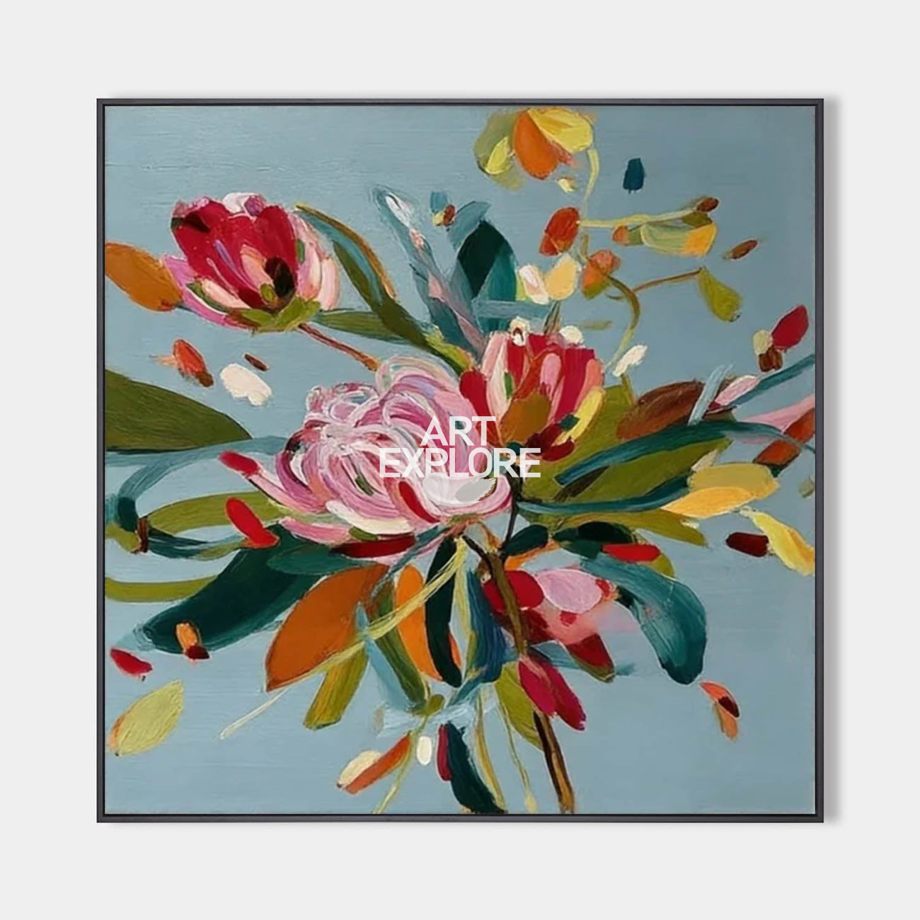 Large Blue Bloom Flower Painting Square Handmade Rich Texture Canvas Art - ArtExplore