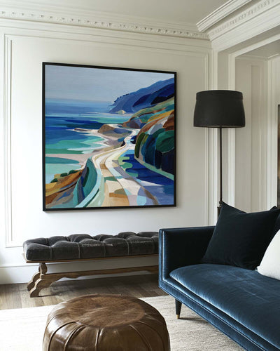 Large Blue Coastal Painting Blue Green Hand-Painted Landscape Textured Artworks For Livingroom, ArtExplore