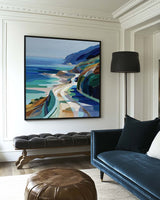 Large Blue Coastal Painting Blue Green Hand-Painted Landscape Textured Artworks For Livingroom, ArtExplore
