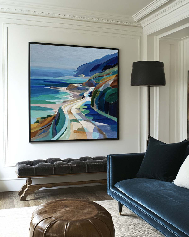 Large Blue Coastal Painting Blue Green Hand-Painted Landscape Textured Artworks For Livingroom, ArtExplore