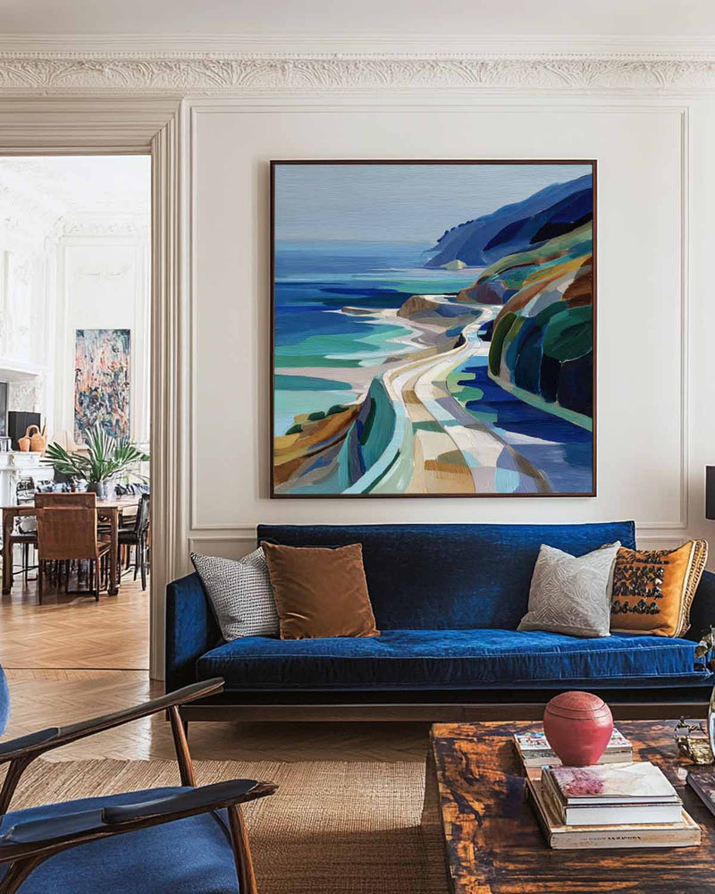 Large Blue Coastal Painting Blue Green Hand-Painted Landscape Textured Artworks For Living Room, ArtExplore