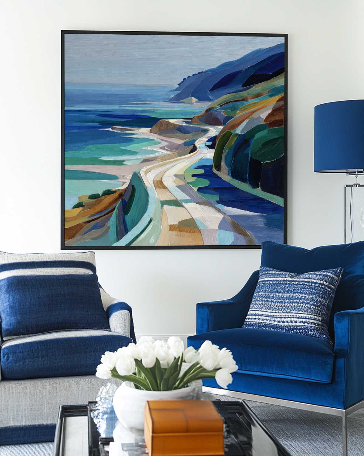 Large Blue Coastal Painting Blue Green Hand-Painted Landscape Textured Artworks For Livingroom, ArtExplore