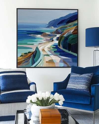 Large Blue Coastal Painting Blue Green Hand-Painted Landscape Textured Artworks For Livingroom, ArtExplore