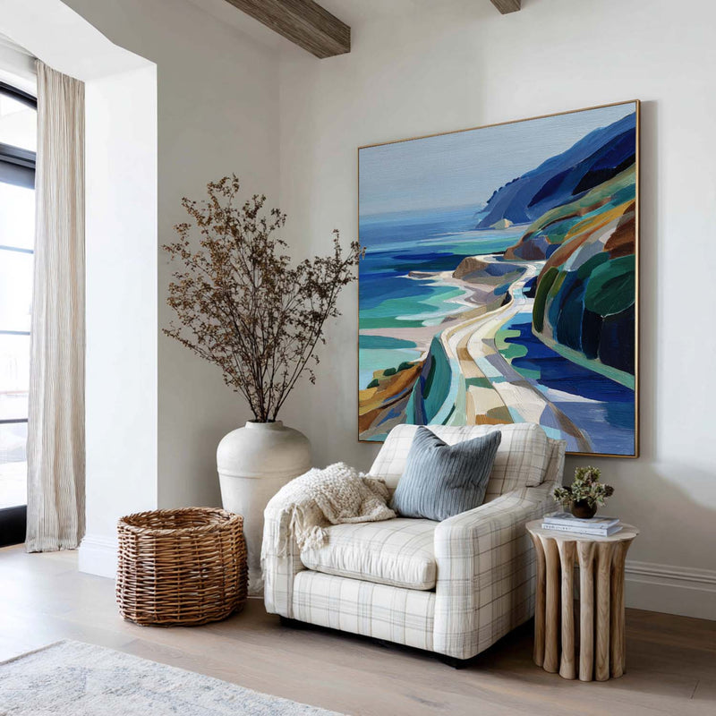 Large Blue Coastal Painting Blue Green Hand-Painted Landscape Textured Artworks For Lounge, ArtExplore