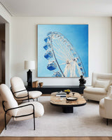 Large Blue Ferris Wheel Art Painting Blue Textured Wall Art Painting Modern Living Room Wall Art 