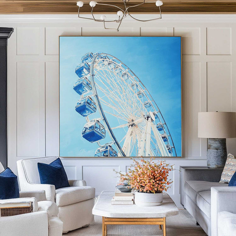 Large Blue Ferris Wheel Art Painting Blue Textured Wall Art Painting Modern Living Room Wall Art 