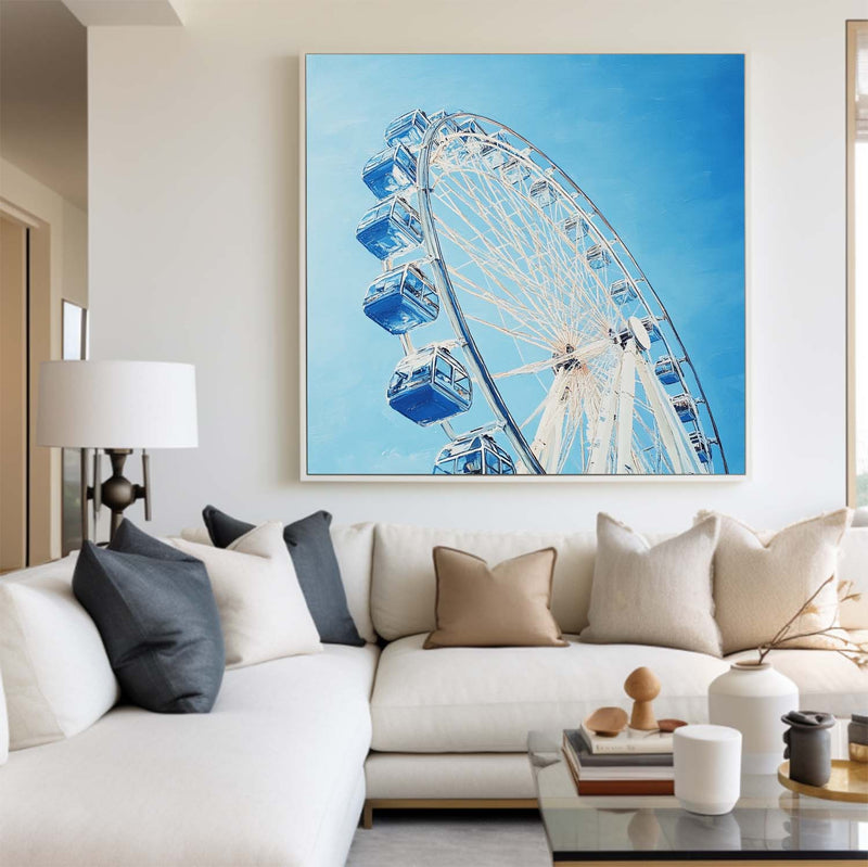 Large Blue Ferris Wheel Art Painting Blue Textured Wall Art Painting Modern Living Room Wall Art 