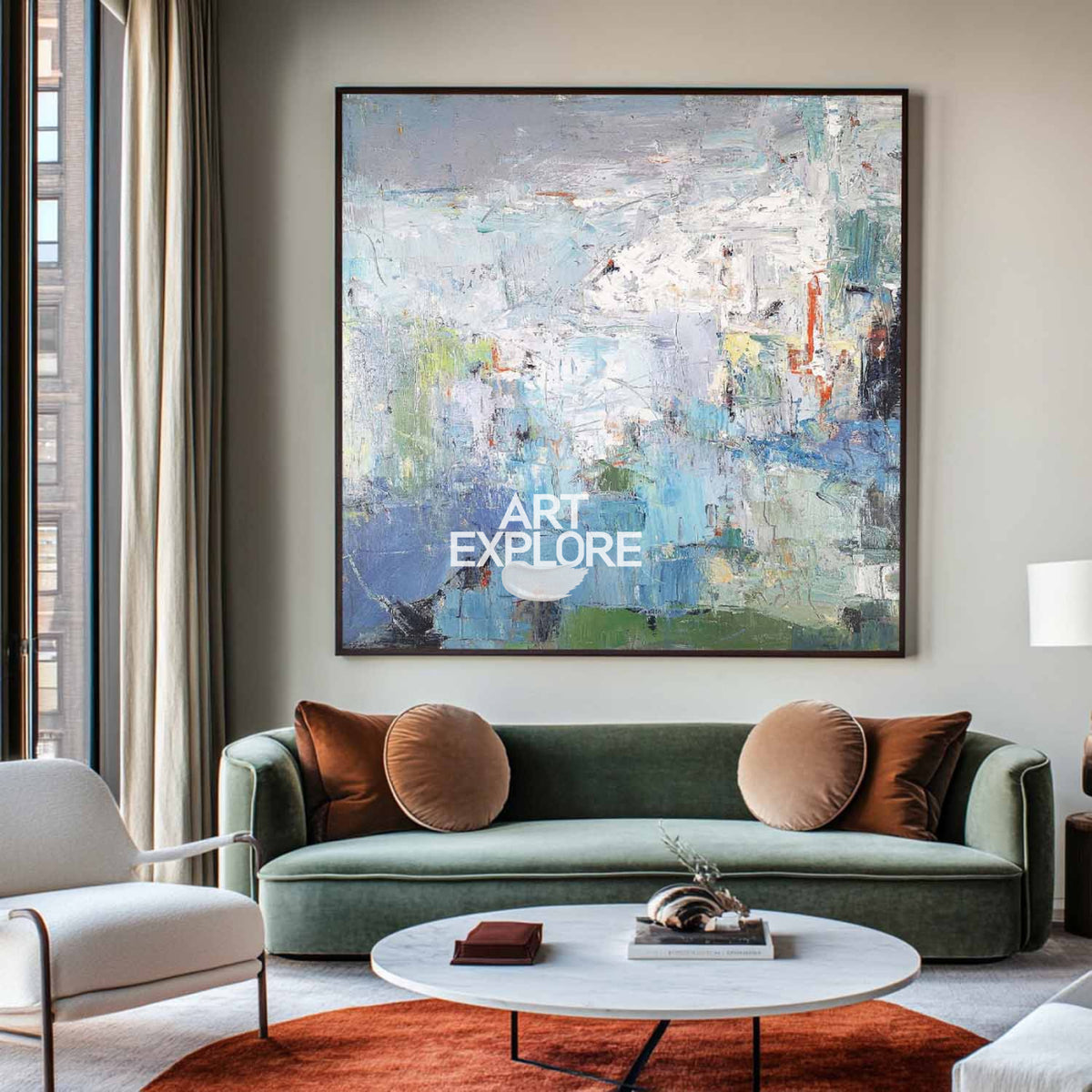 Large Blue Green Wall Art Square Rich Textured Wall Art Green Abstract Texture Livingroom Painting