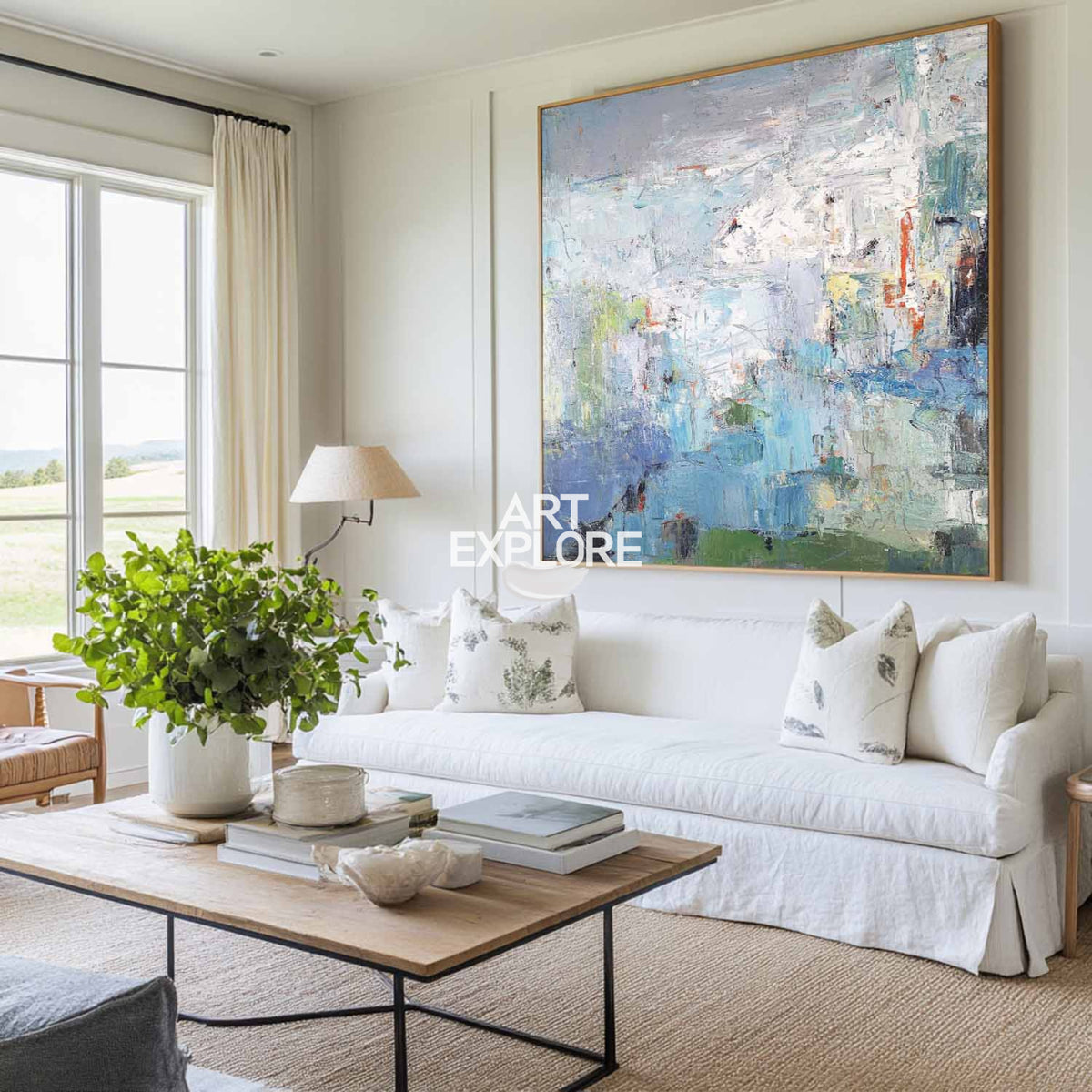 Large Blue Green Wall Art Square Rich Textured Wall Art Green Abstract Texture Livingroom Painting