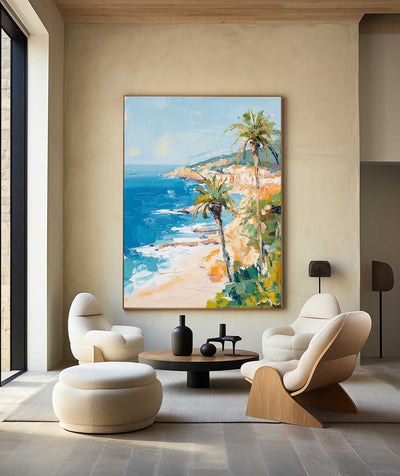 Modern Hawaiian Landscape Painting Palm Beach Wall Painting Blue Textured Seaside Wall Art for Sale