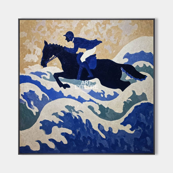 Large Blue Horse Racing Art | Minimalist Textured Oil Painting Livingroom Wall Art | ArtExplore