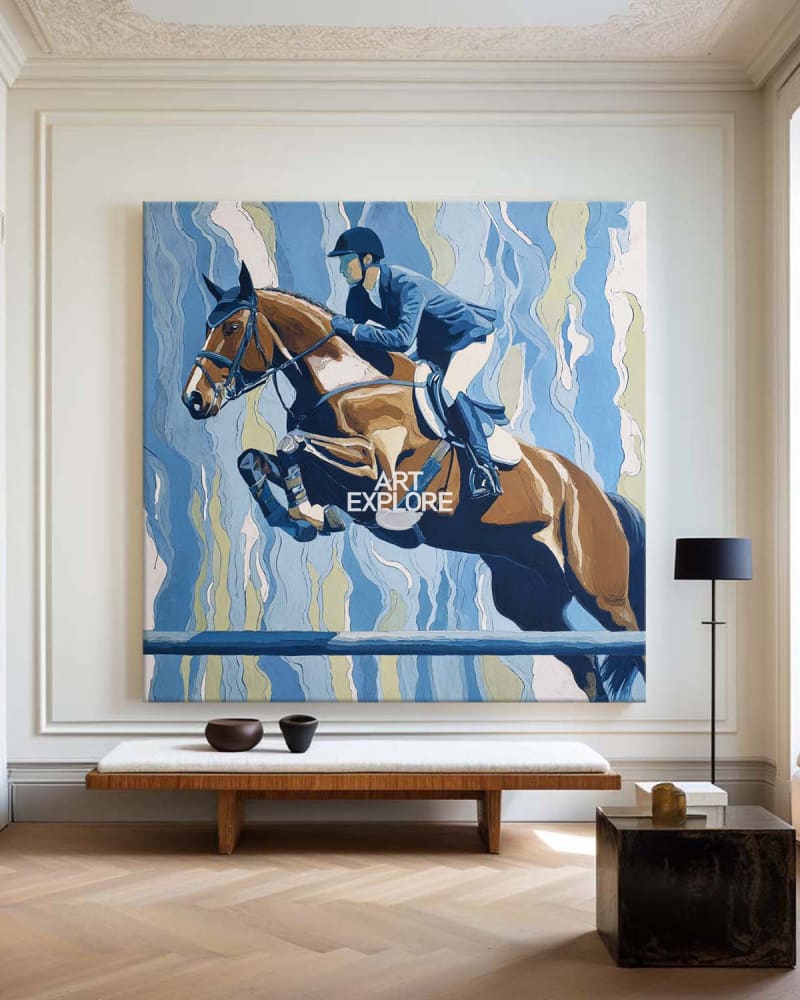 Large Blue Horse Racing Painting | Modern Equestrian Texture Wall Art ArtExplore