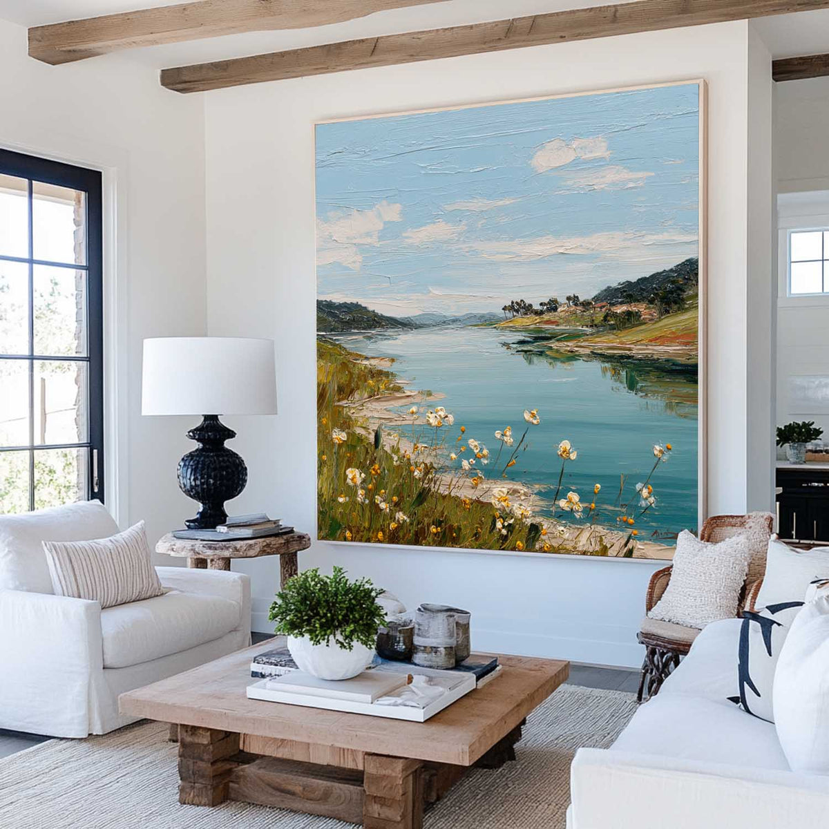 Large Blue Lake View Oil Painting Blue Lake Textured Art  Blue Abstract Landscape Wall Art For Sale