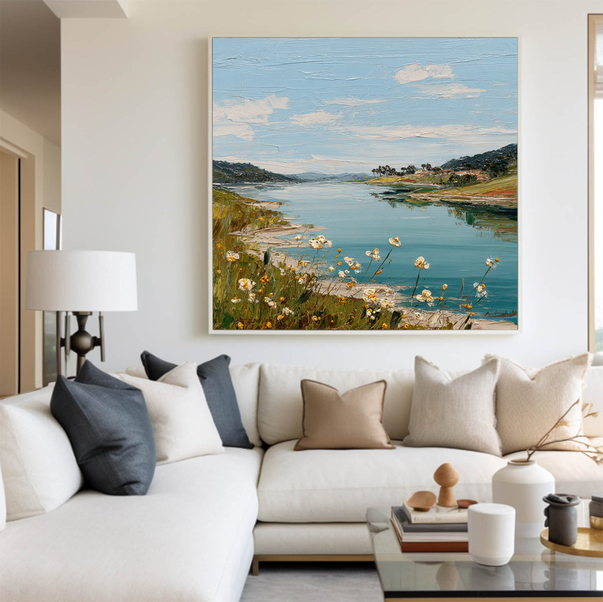 Large Blue Lake View Oil Painting Blue Lake Textured Art  Blue Abstract Landscape Wall Art For Sale