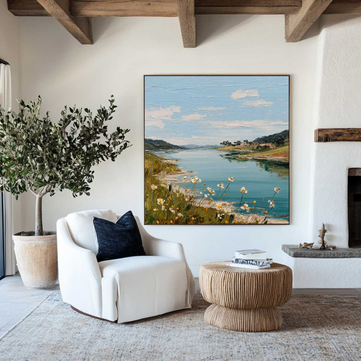 Large Blue Lake View Oil Painting Blue Lake Textured Art  Blue Abstract Landscape Wall Art For Sale