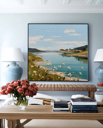 Large Blue Lake View Oil Painting Blue Lake Textured Art  Blue Abstract Landscape Wall Art For Sale