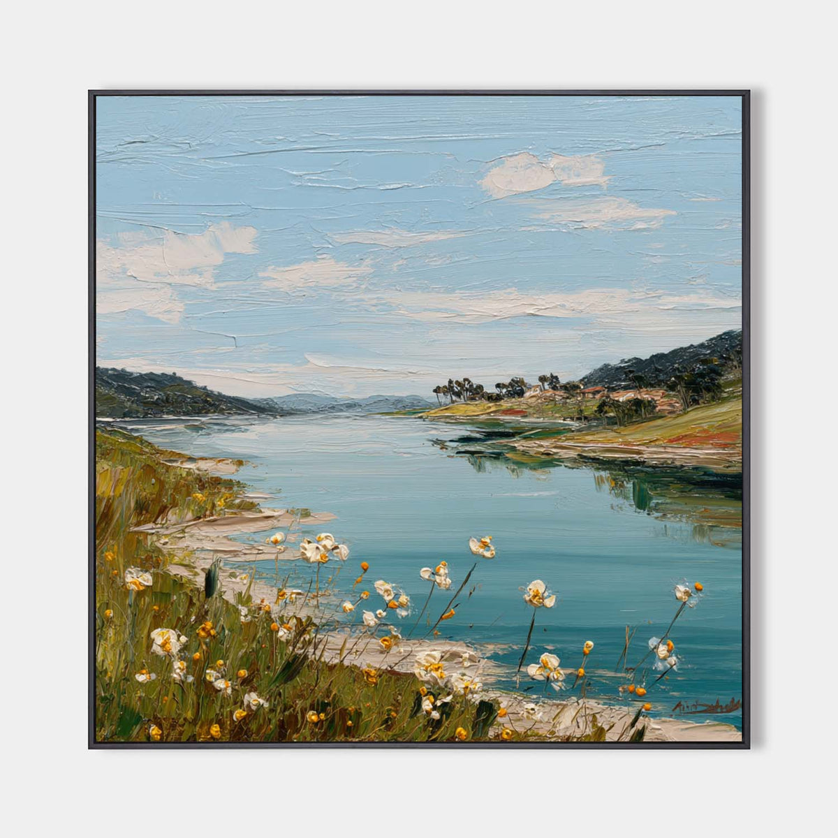 Large Blue Lake View Oil Painting Blue Lake Textured Art  Blue Abstract Landscape Wall Art For Sale