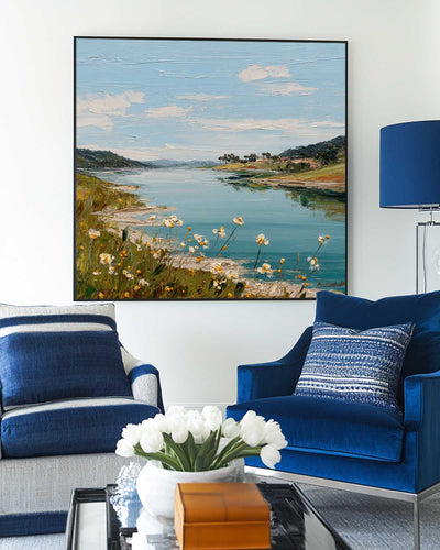 Large Blue Lake View Oil Painting Blue Lake Textured Art  Blue Abstract Landscape Wall Art For Sale