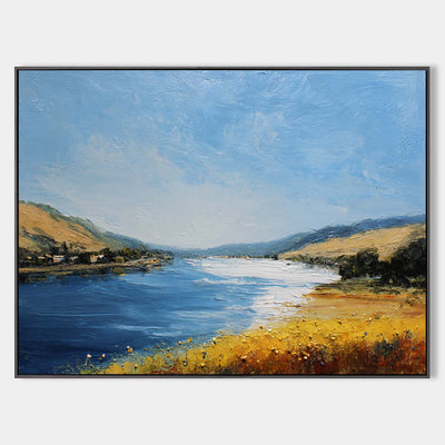 Large Blue Lake View Oil Painting Lake Textured Canvas Art Modern Blue Abstract Landscape Wall Art