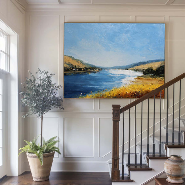 Large Blue Lake View Oil Painting Lake Textured Canvas Art Modern Blue Abstract Landscape Wall Art
