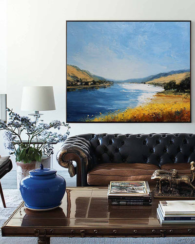 Large Blue Lake View Oil Painting Lake Textured Canvas Art Modern Blue Abstract Landscape Wall Art