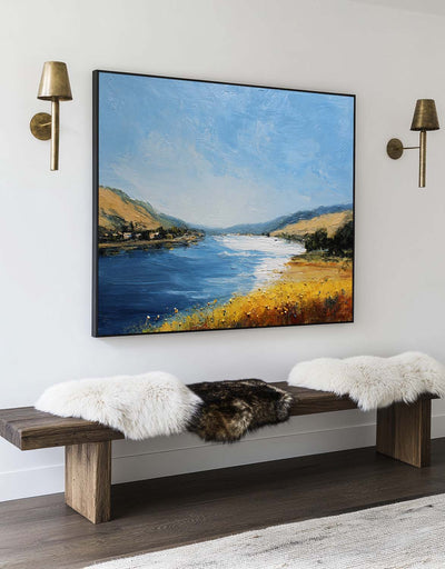 Large Blue Lake View Oil Painting Lake Textured Canvas Art Modern Blue Abstract Landscape Wall Art