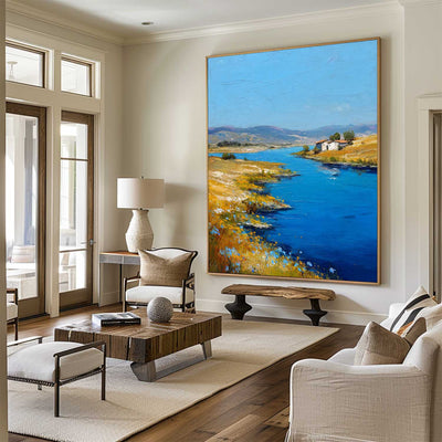 Large Blue Lake View Painting Modern Blue Landscape Wall Art Lake Impressionist Texture Wall Art