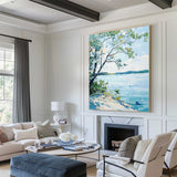 Modern Blue Lake View Painting Large Landscape Painting Blue Textured Lake Wall Art for Sale