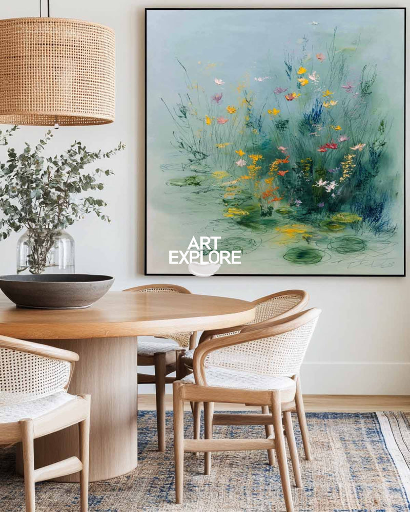 Large Blue Landscape Blue Floral Wall Art Modern Blue Abstract Nature Canvas Painting for Sale