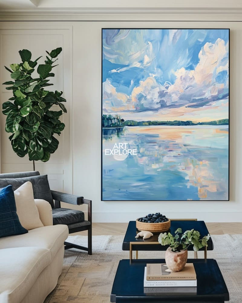 Large Blue Landscape Texture Art Minimalist Calm Wall Painting for Home | ArtExplore